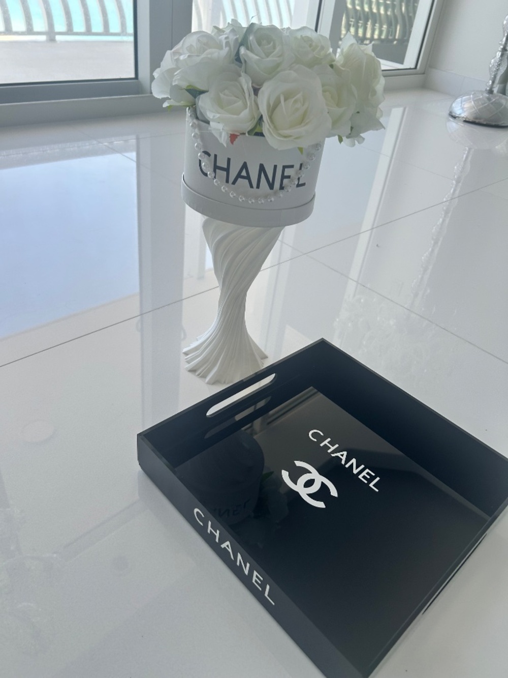 Black Acrylic 12x12x2" tray with white letters - Picture 3 of 7